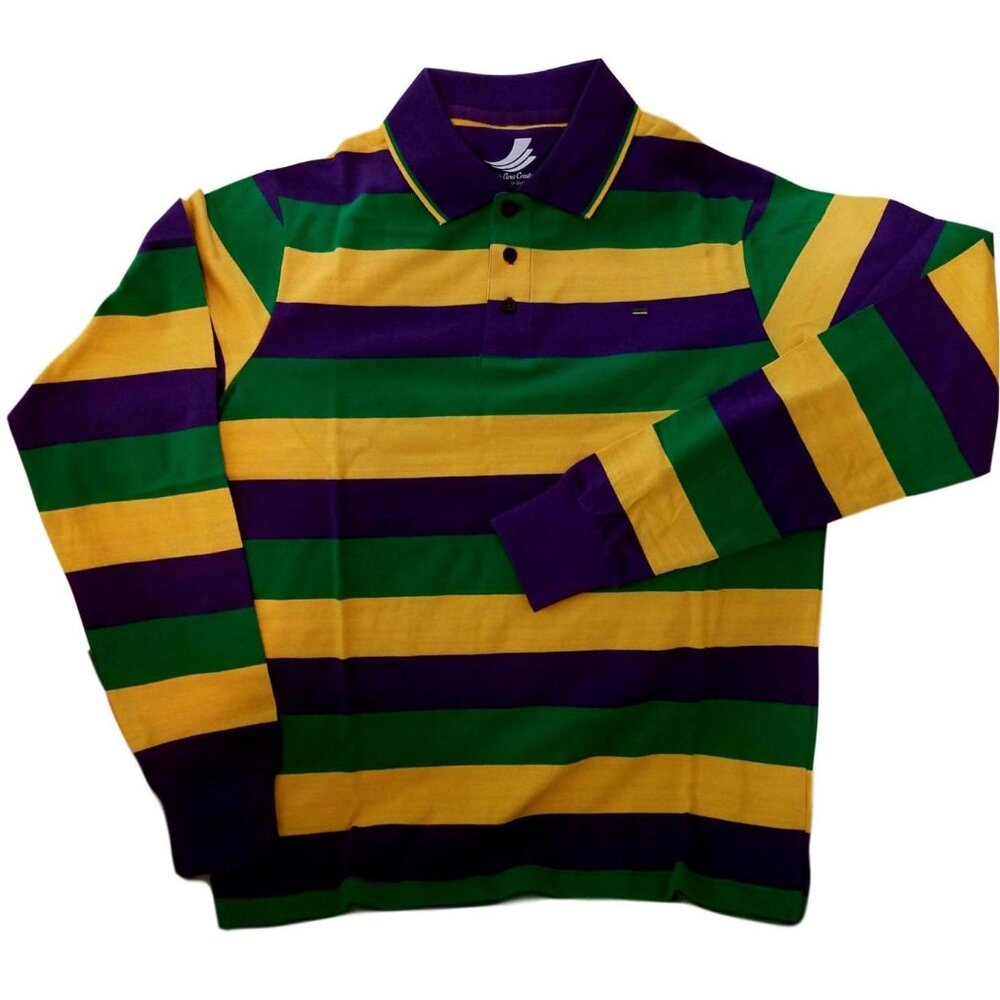 Adult Plus Mardi Gras Polo Stripe Purple Green Yellow Long Sleeve Shirt  2X 3X 4